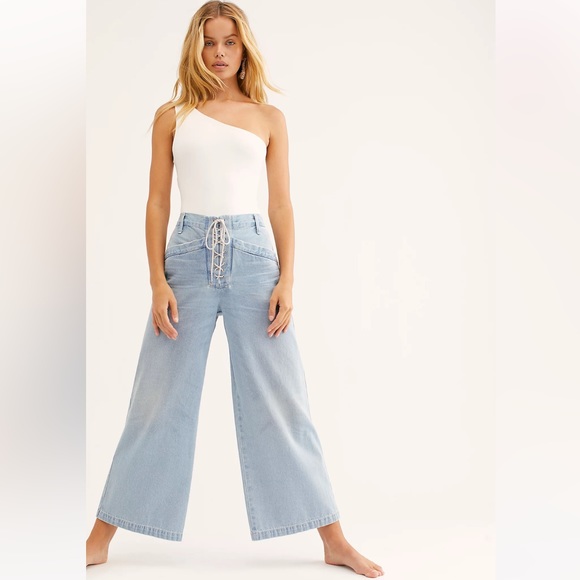 Nadia Wide Leg Cropped Lace-Up Jeans - Picture 1 of 4
